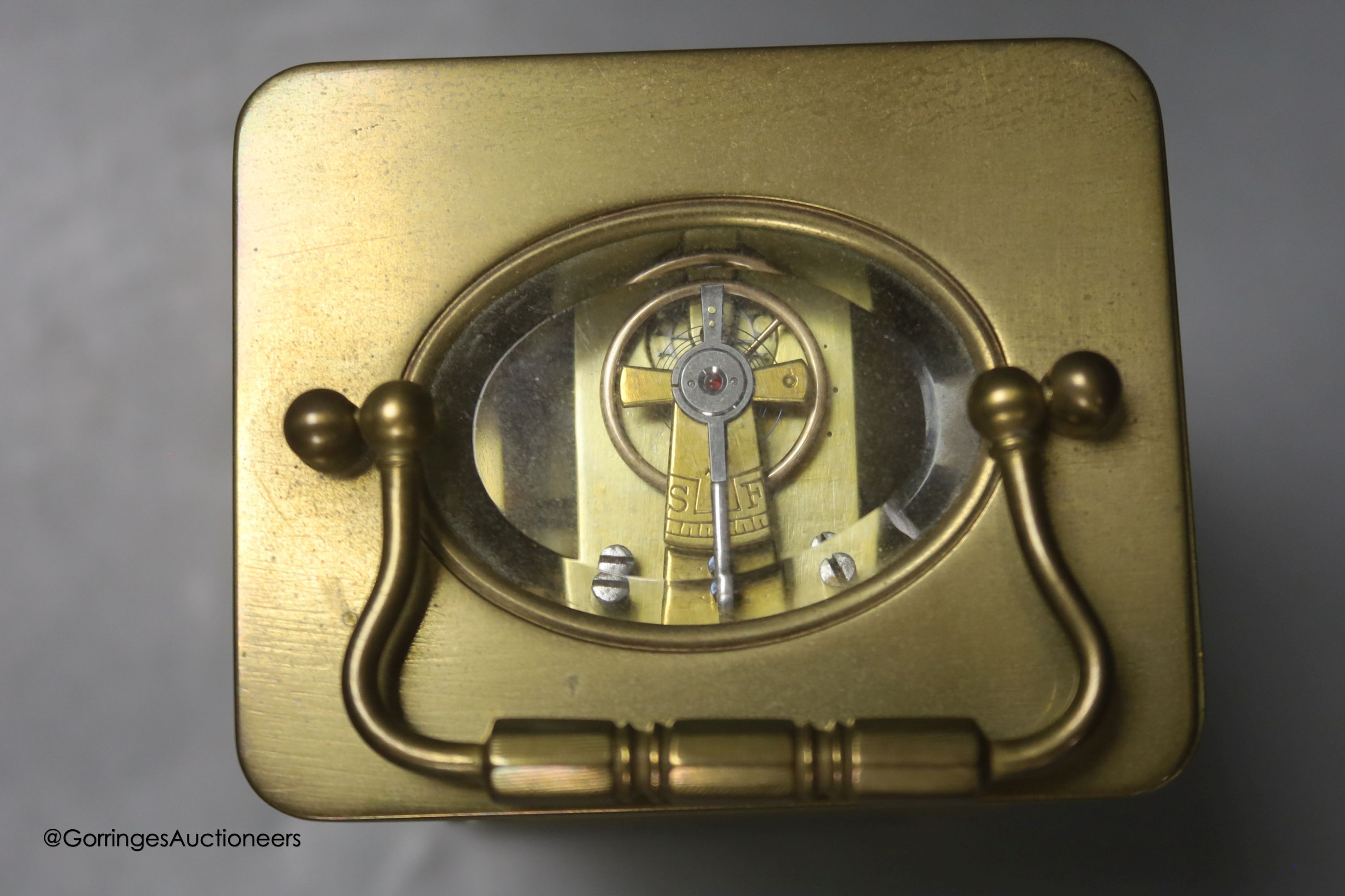 A French gilt brass carriage timepiece, height excluding handle 11cm
